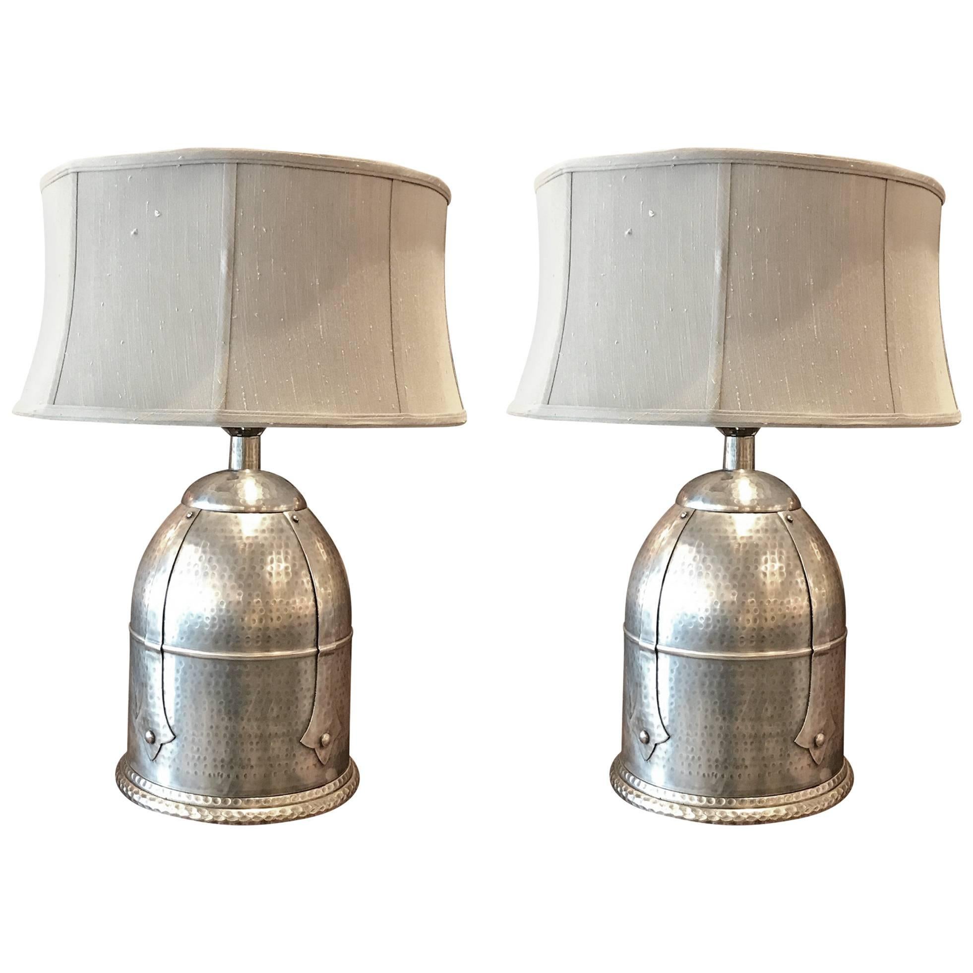 Pair of Silvered Metal Hand-Hammered Lamps