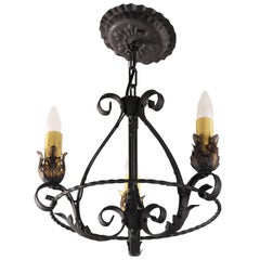 Small Antique 1920s Three-Light Chandelier with Acanthus Motif