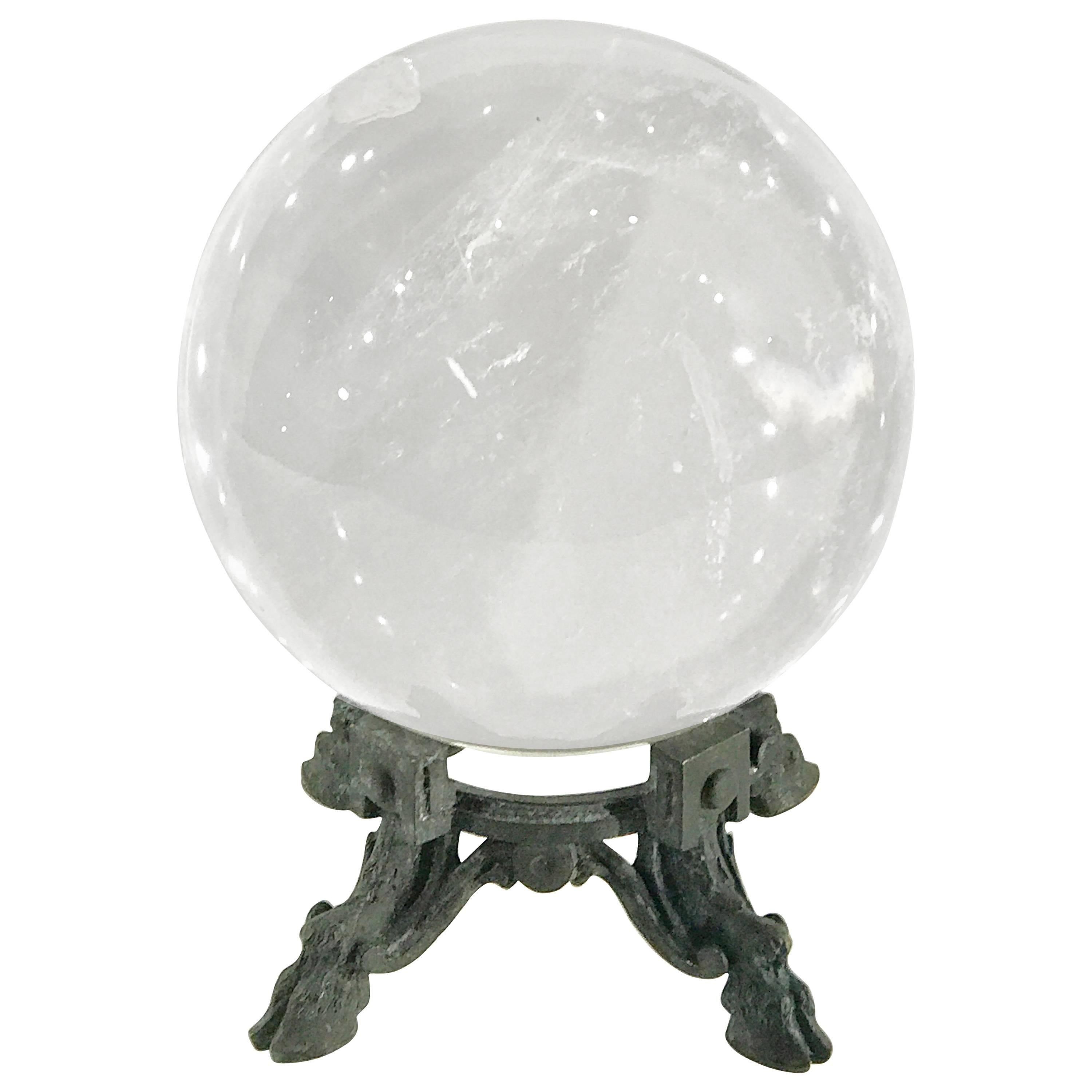 18th-19th Century French Rock Crystal Ball on Louis XIV Verdigris Bronze Stand
