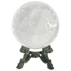 Antique 18th-19th Century French Rock Crystal Ball on Louis XIV Verdigris Bronze Stand