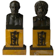Pair of Charles X Patinated Bronze and Marble Busts, Hippocrates and Asclepiades