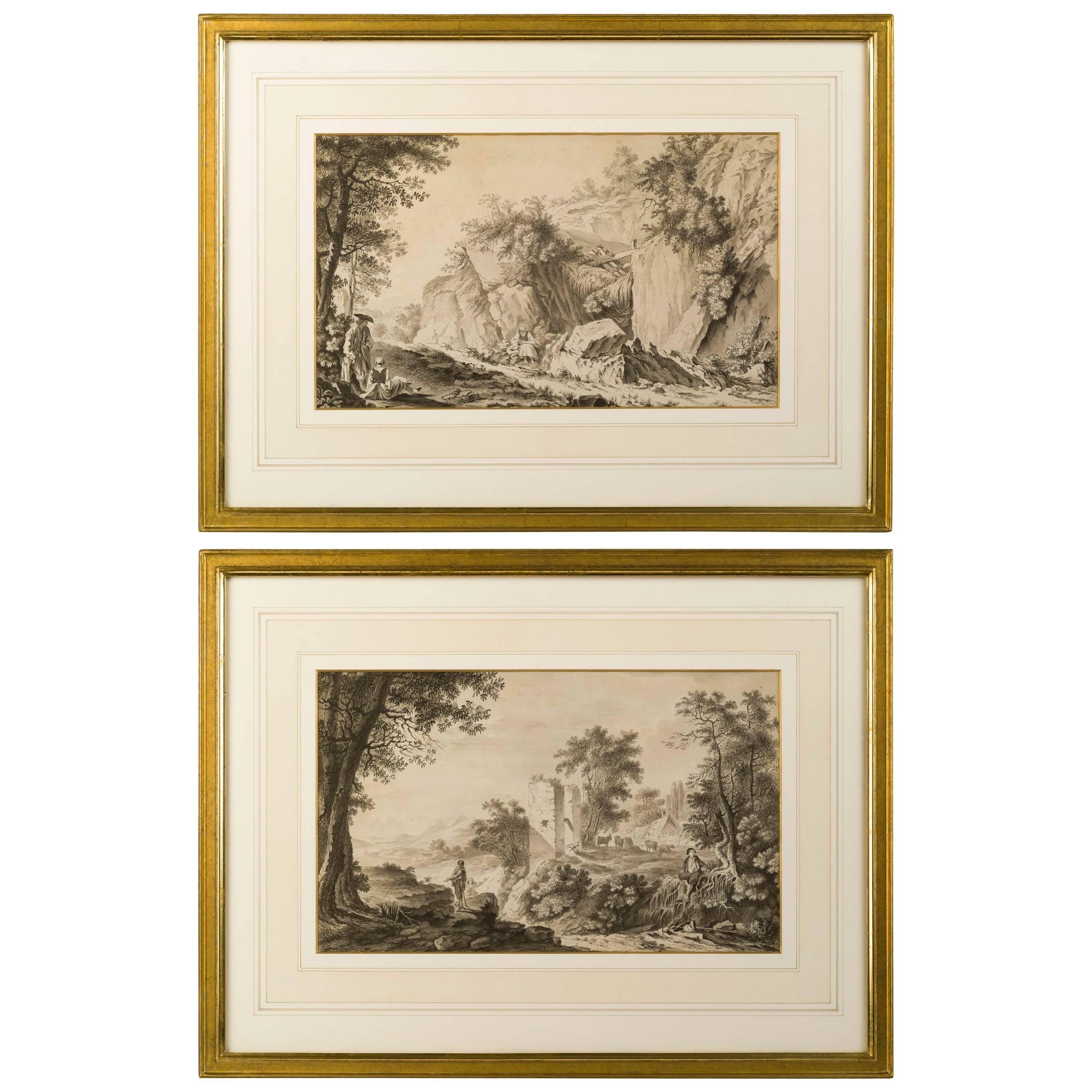 Paire de dessins de paysages néoclassiques, école française, fin du 18ème siècle