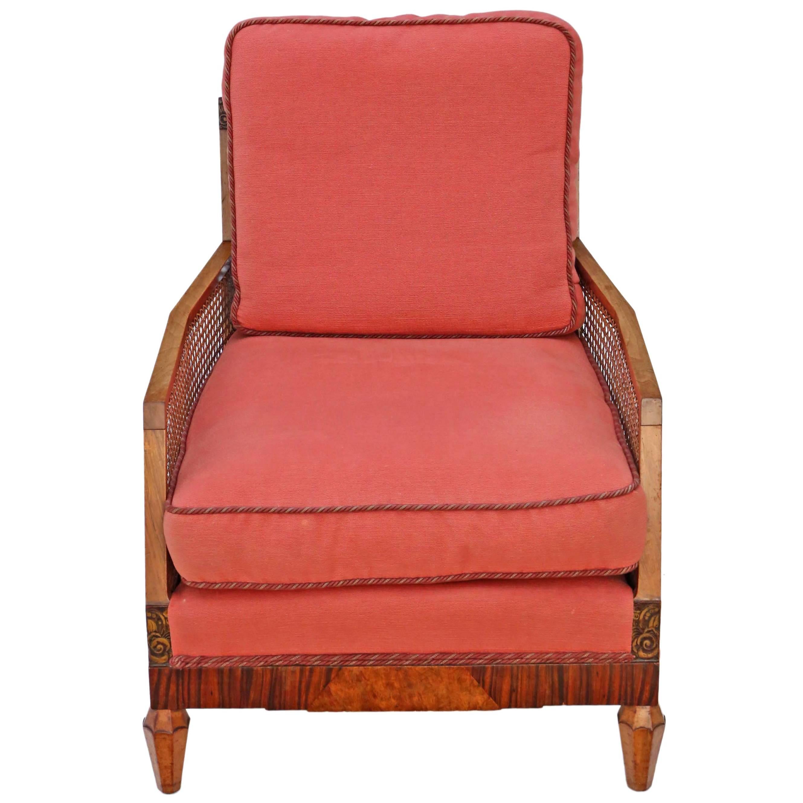 Antique Quality Art Deco Burr Walnut & Rosewood Bergere Armchair For Sale
