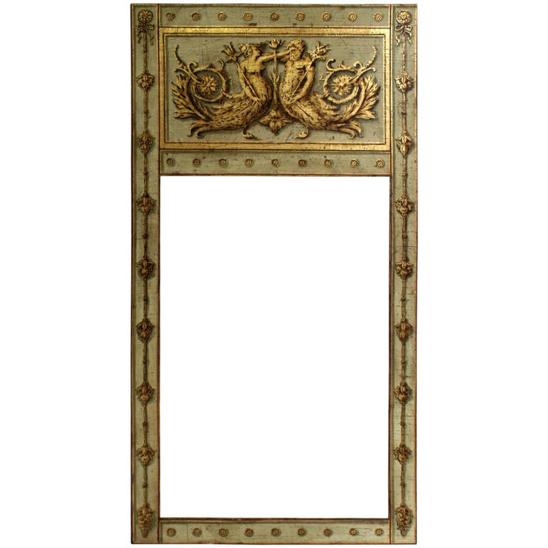 Large Antiqued HandPainted and Gilded Neoclassical Trumeau Mirror