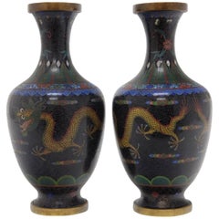 Pair of Black Cloisonne Vases Featuring Colorful Dragons