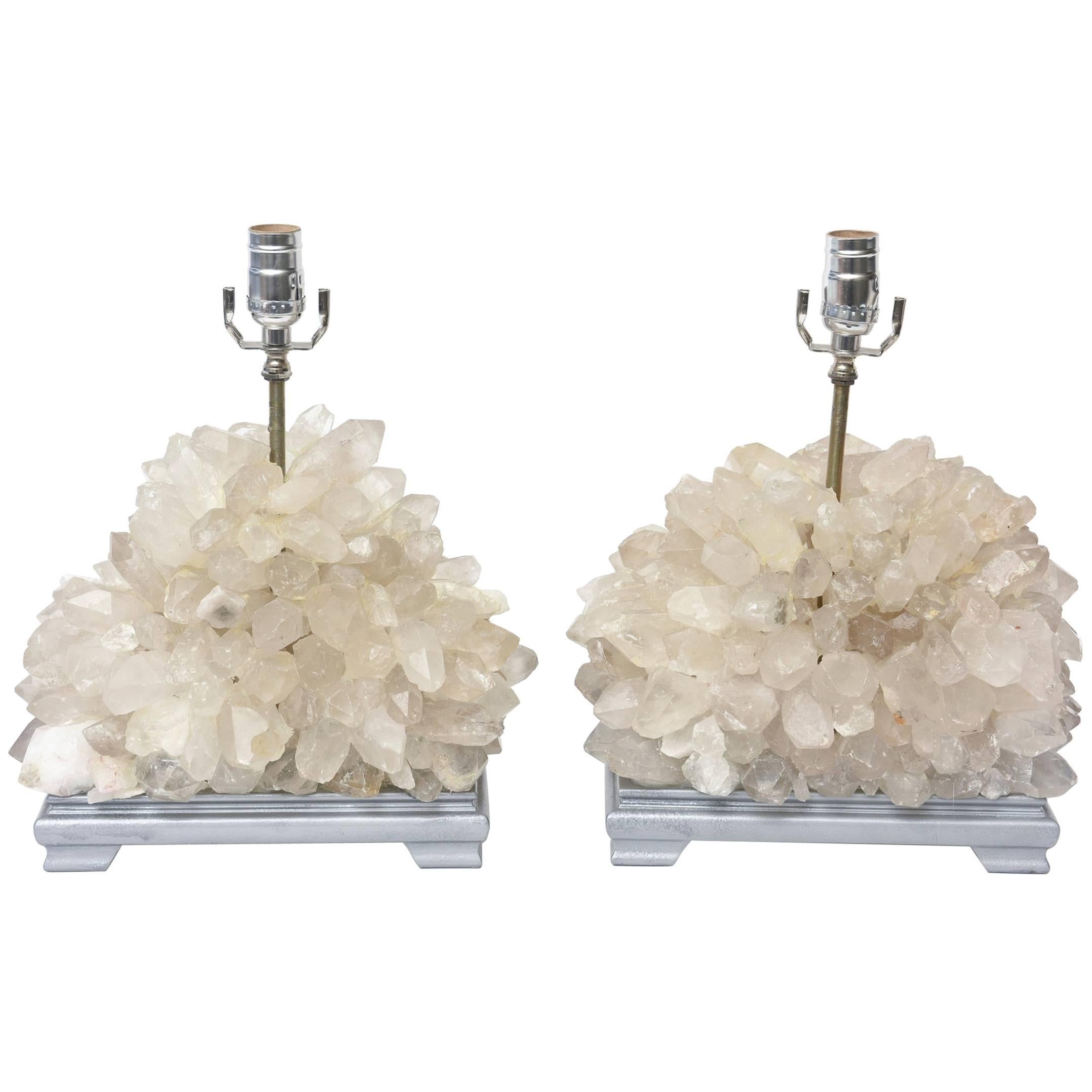 Pair of Vintage Carole Stupell Quartz Rock Crystal Table Lamps 