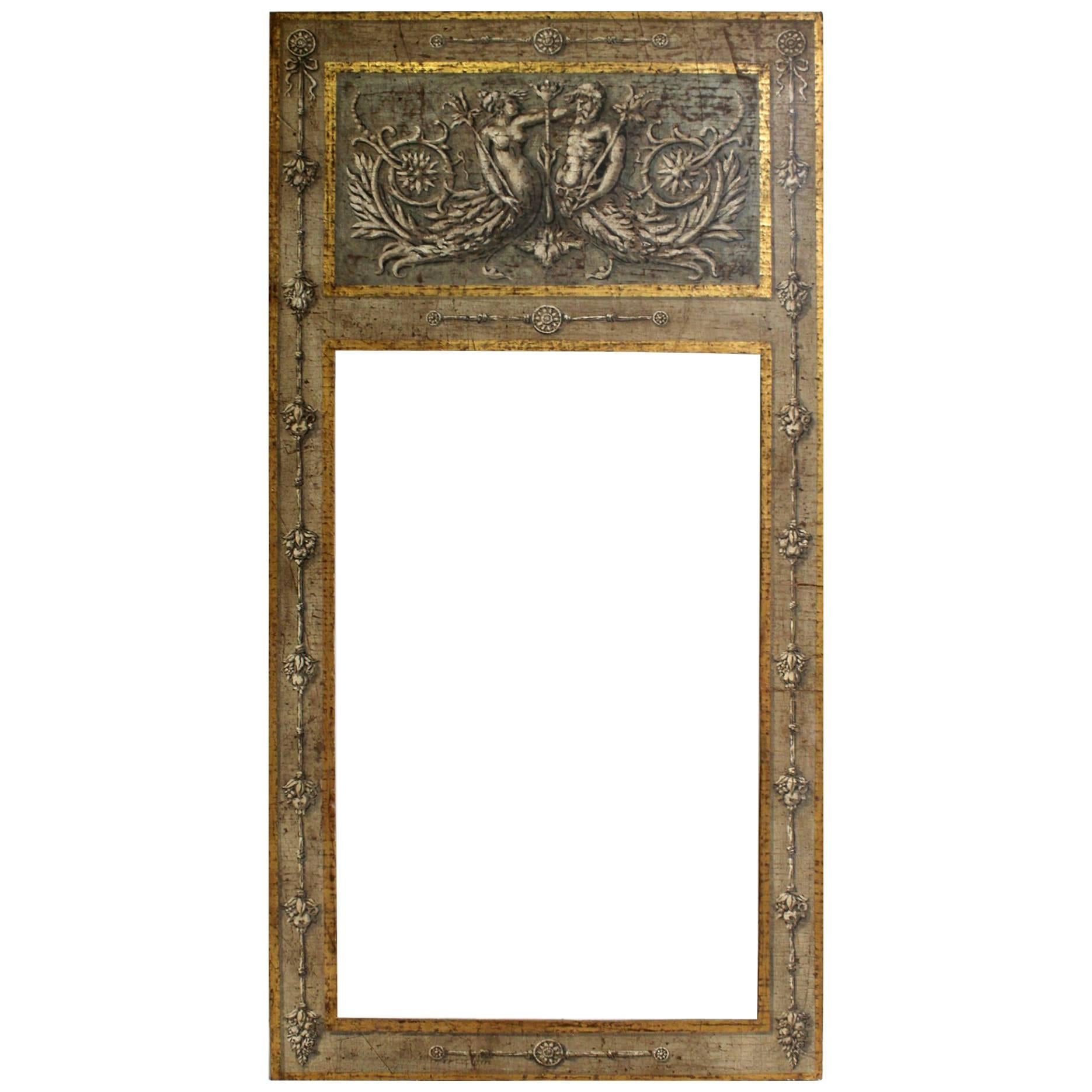 Large Antiqued Hand-Painted and Gilded Neoclassical Trumeau Mirror Frame in Gray