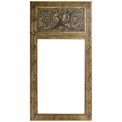 Large Antiqued Hand-Painted and Gilded Neoclassical Trumeau Mirror Frame in Gray