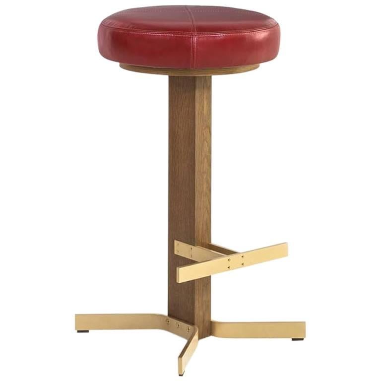 Walcott Barstool, White Oak and Solid Brass Base, Red Leather Seat For
