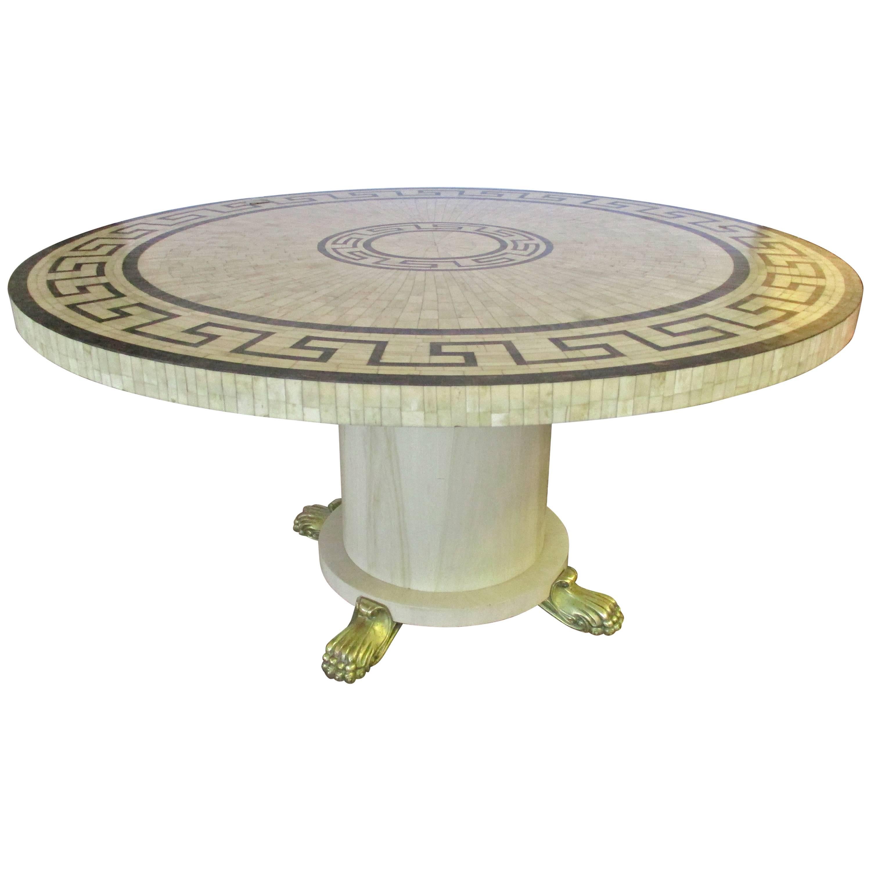 Maitland Smith Bone Inlay Round Table with Greek Key Design