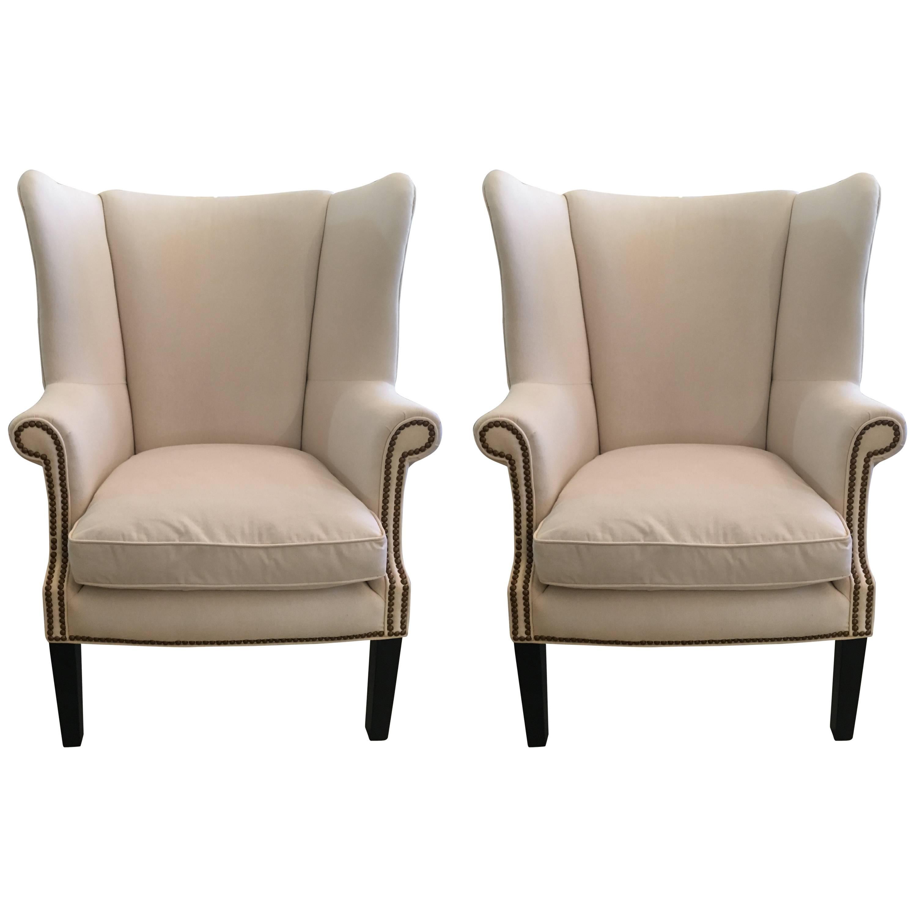 Sophisticated Pair of Cotton Duck Upholstered Wing Chairs