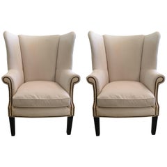 Sophisticated Pair of Cotton Duck Upholstered Wing Chairs