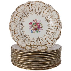Antique Set of 12 English Royal Cauldron Porcelain Dinner Plates, Floral and Gilt