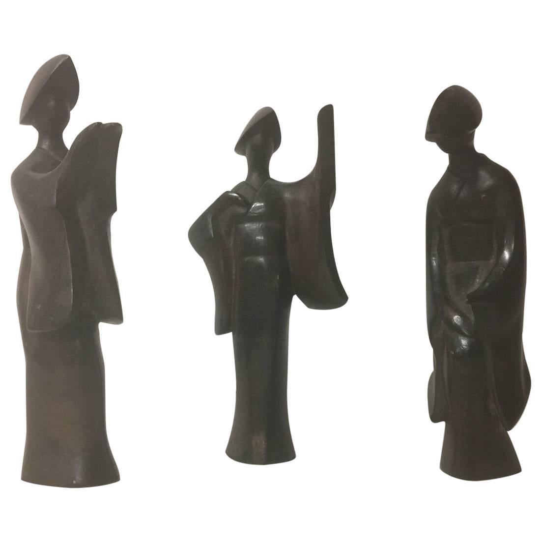 Set of Three Midcentury Bronze Japanese Geisha Figurines
