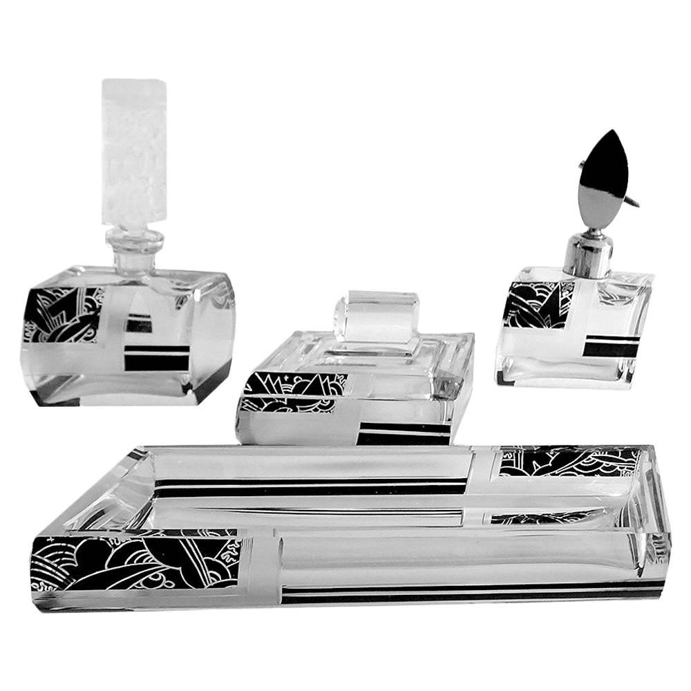 Art Deco Karl Palda Bohemia Crystal Perfume Spray Bottle Vanity Box Set, 1930s