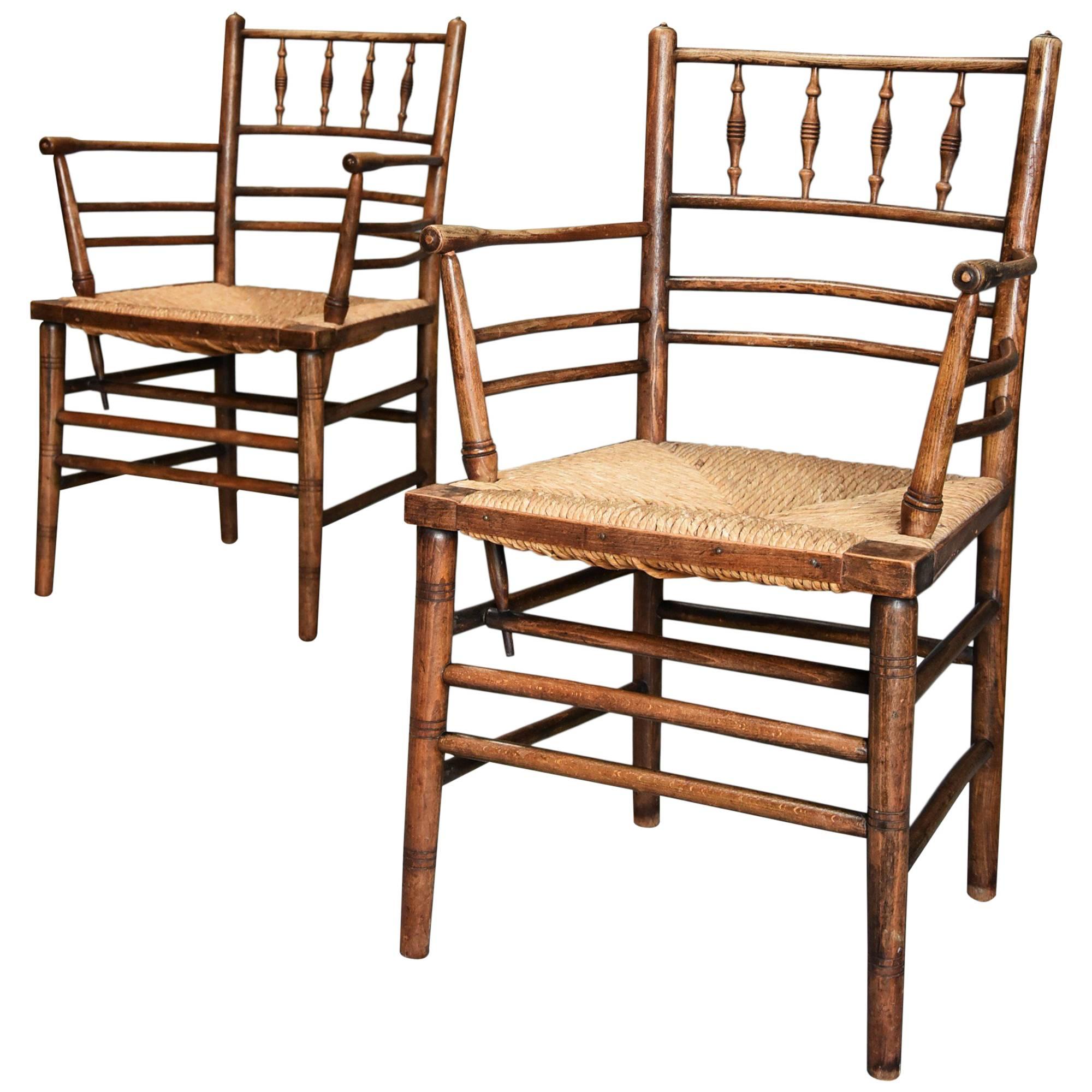 Pair of Late 19th Century Ash & Beech Morris & Co. Sussex Armchairs