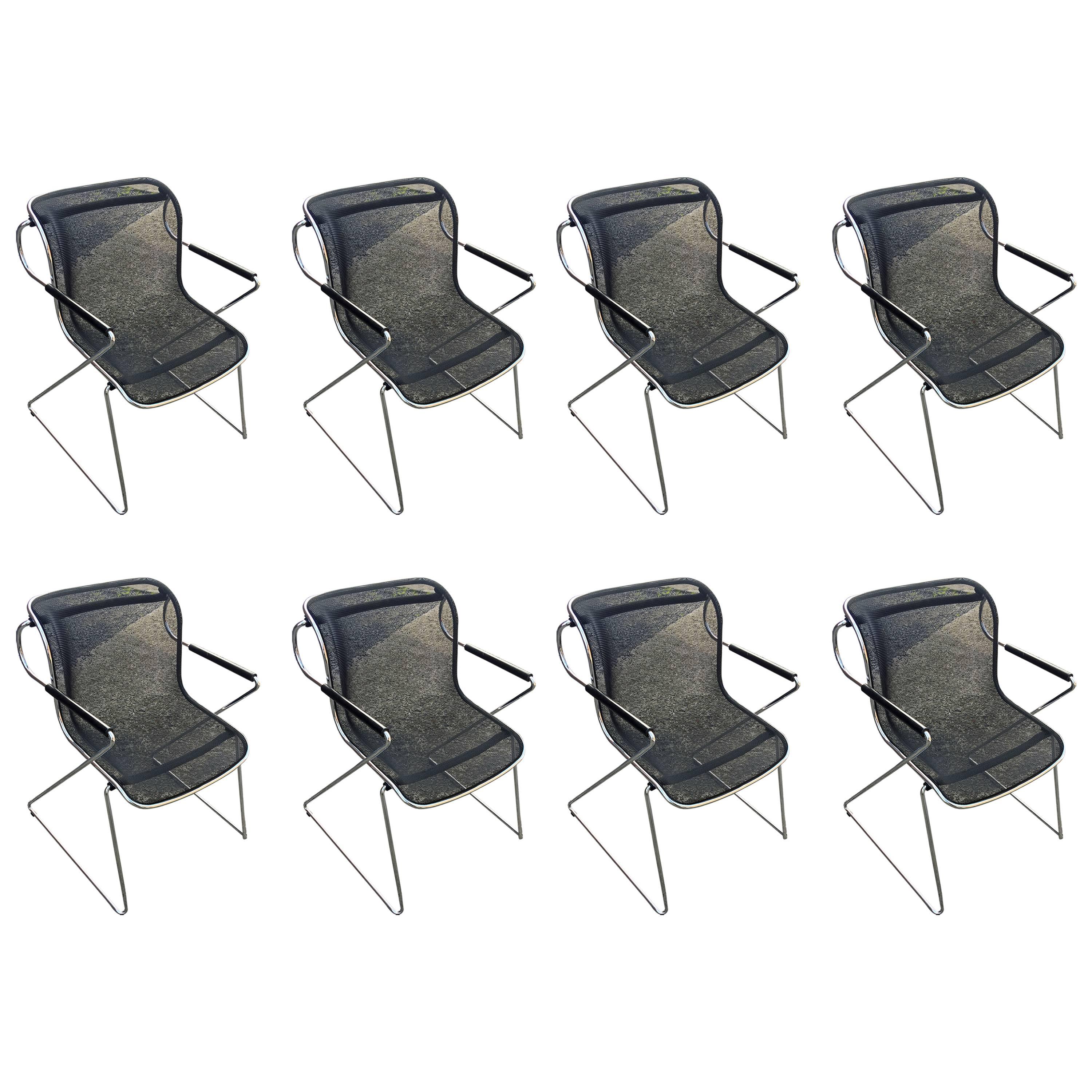 Charles Pollock, Set of Height Penelope Chairs in Chrome and Meshed Metal For Sale