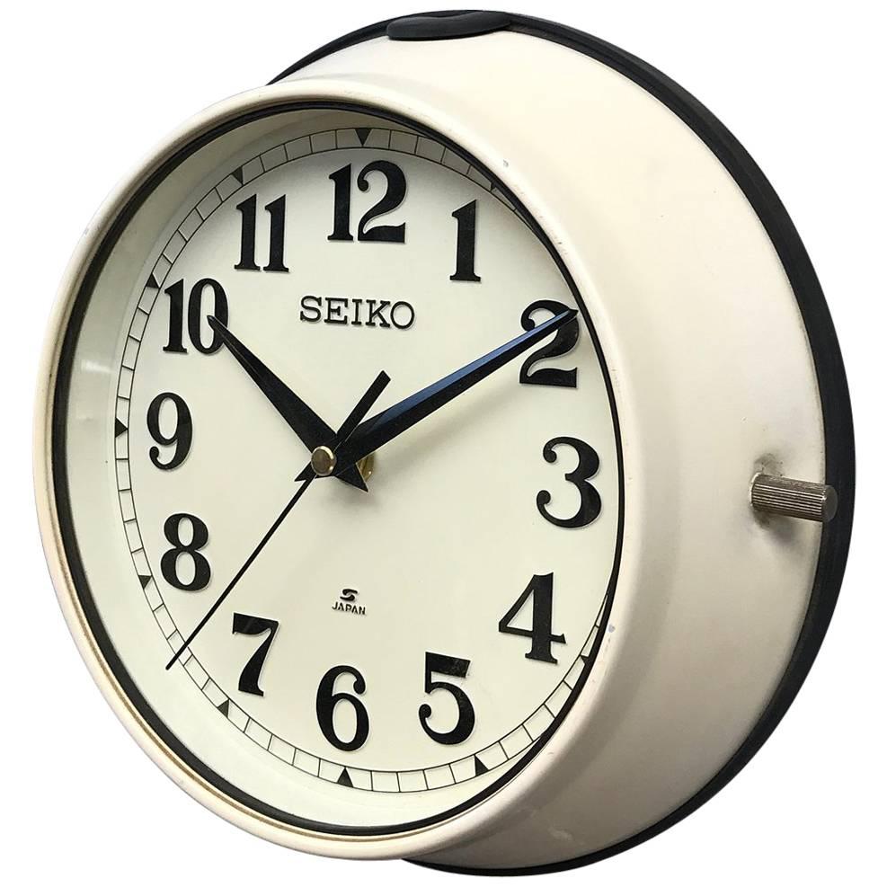 1970s Green Seiko Retro Vintage Industrial Antique Steel Quartz Wall Clock Cream