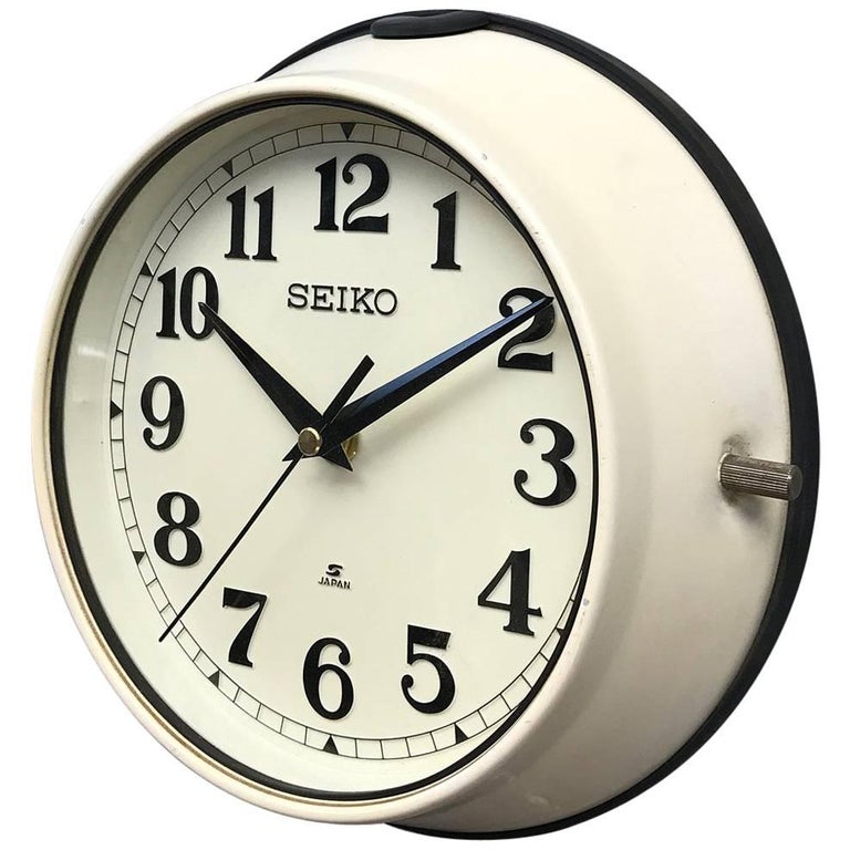 1970s Green Seiko Retro Vintage Industrial Antique Steel Quartz Wall Clock Cream at 1stDibs