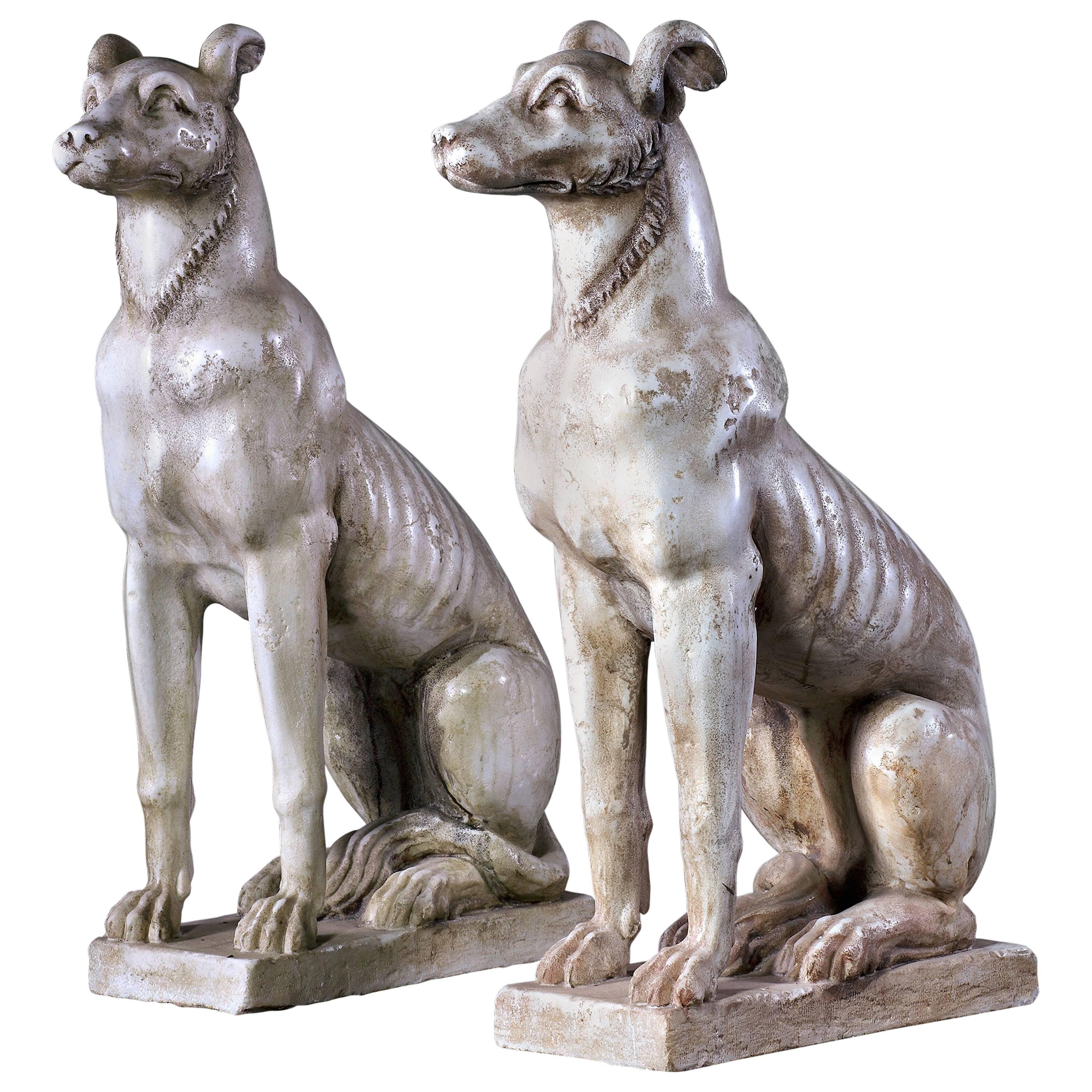 Pair of Continental Sculpted White Marble Seated Hounds