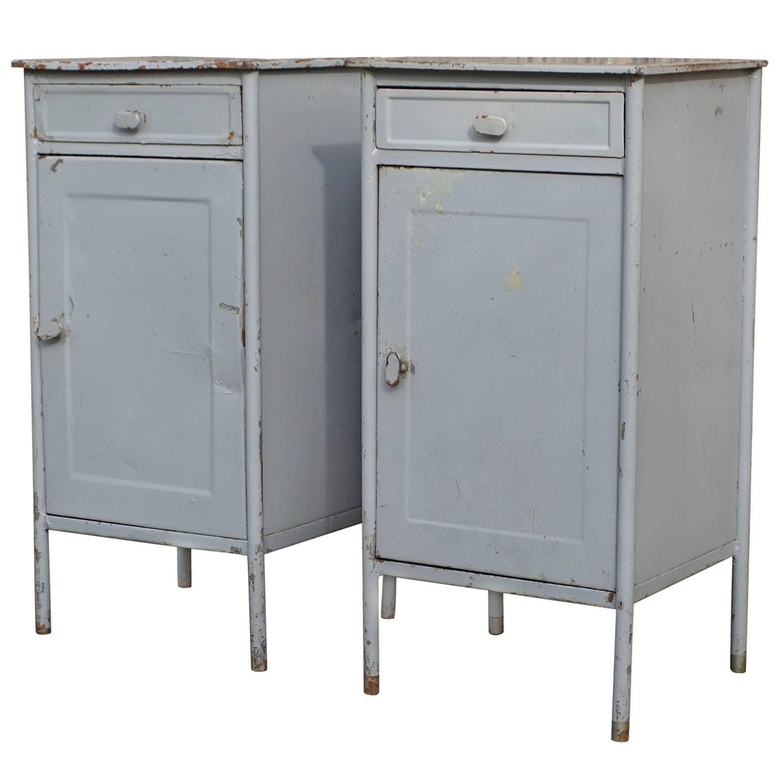 Post World War II 1940s Pair of Industrial Steel Nightstands Cabinets