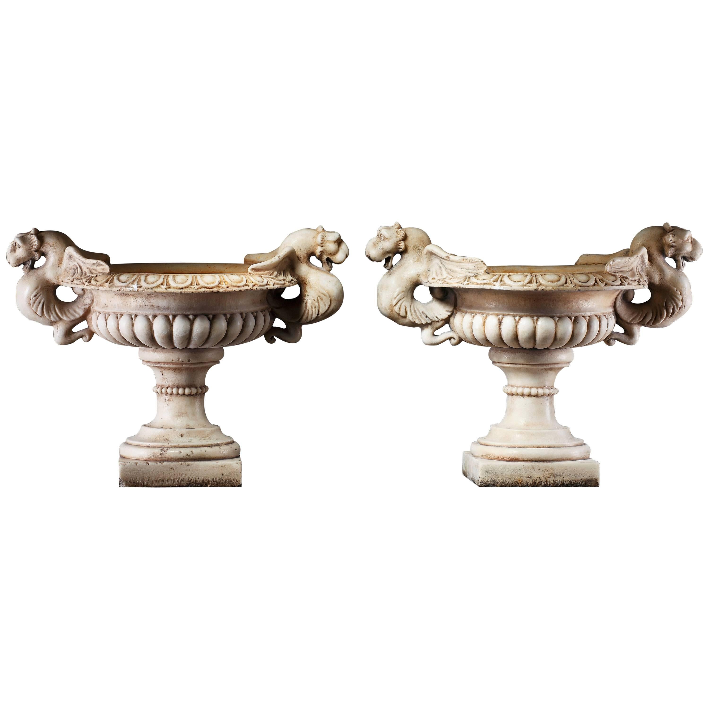 Pair of Continental Sculpted White Marble Garden Urns, 20th Century