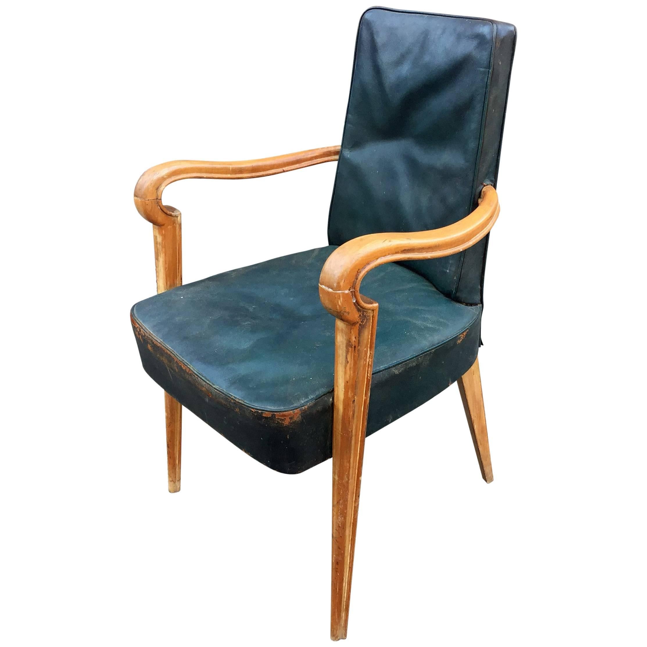 Maxime Old Attributed Art Deco Beech and Leather Armchair, circa 1940 For Sale