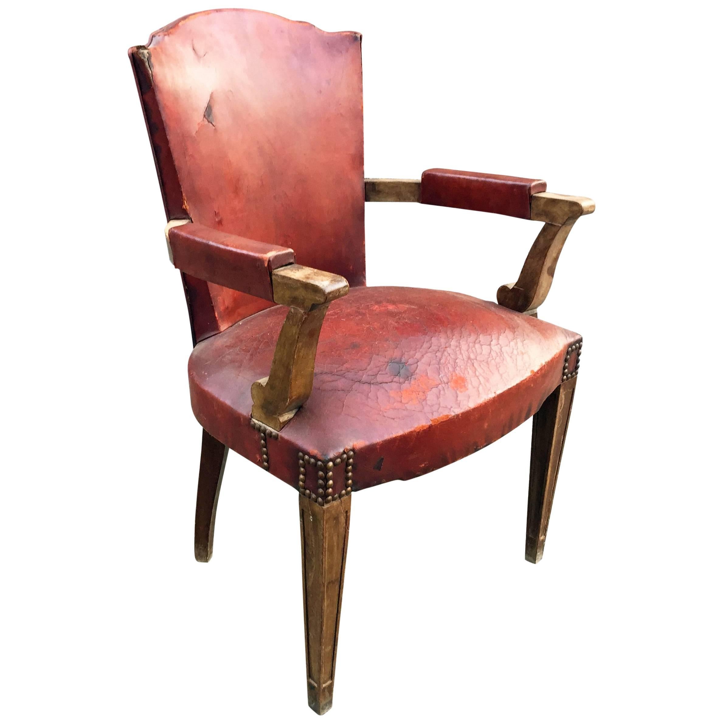 Art Deco Walnut and Leather Armchair, circa 1940, Attributed to Jules Leleu