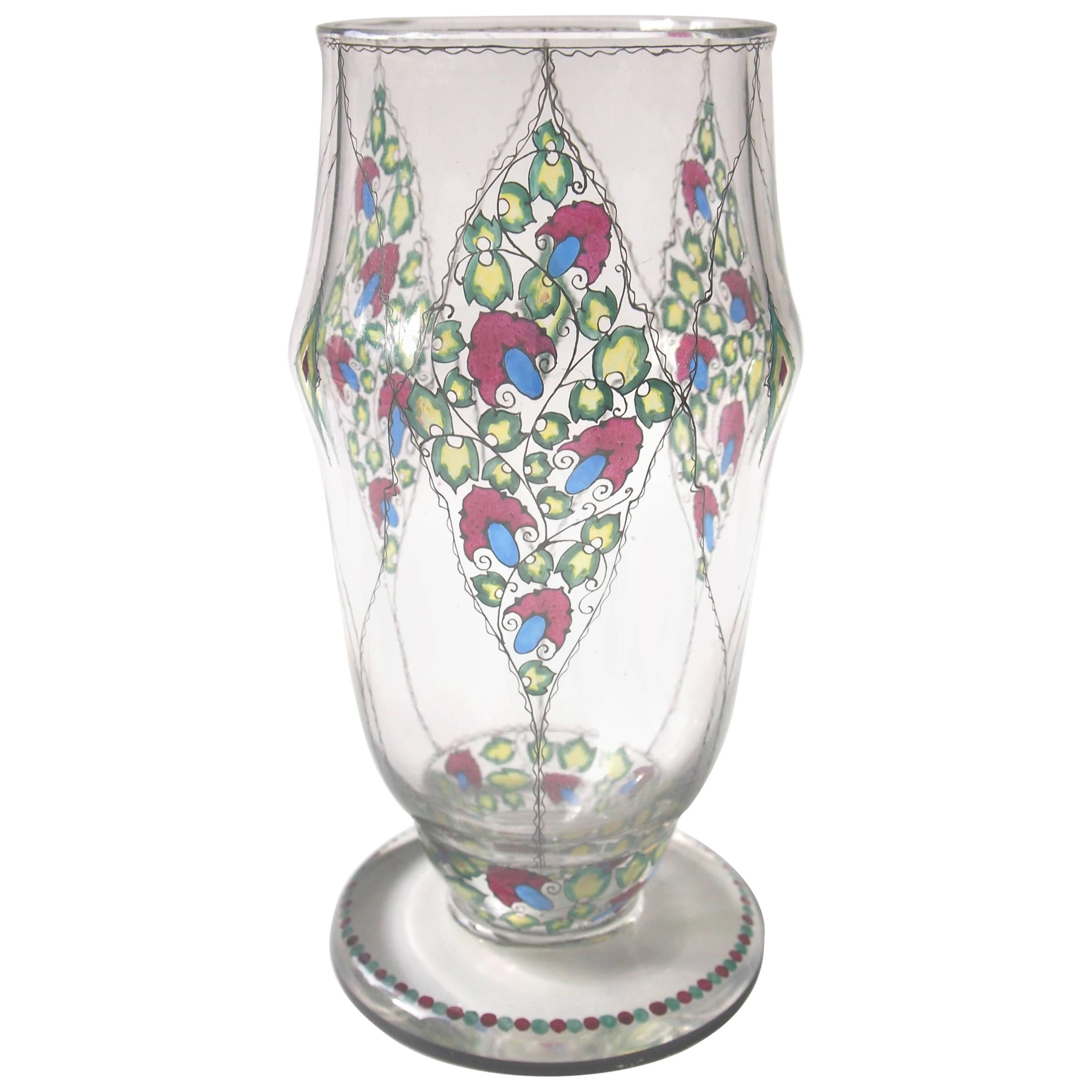 Art Deco Bohemian Fachschule Haida Enamel Glass Vase For Sale
