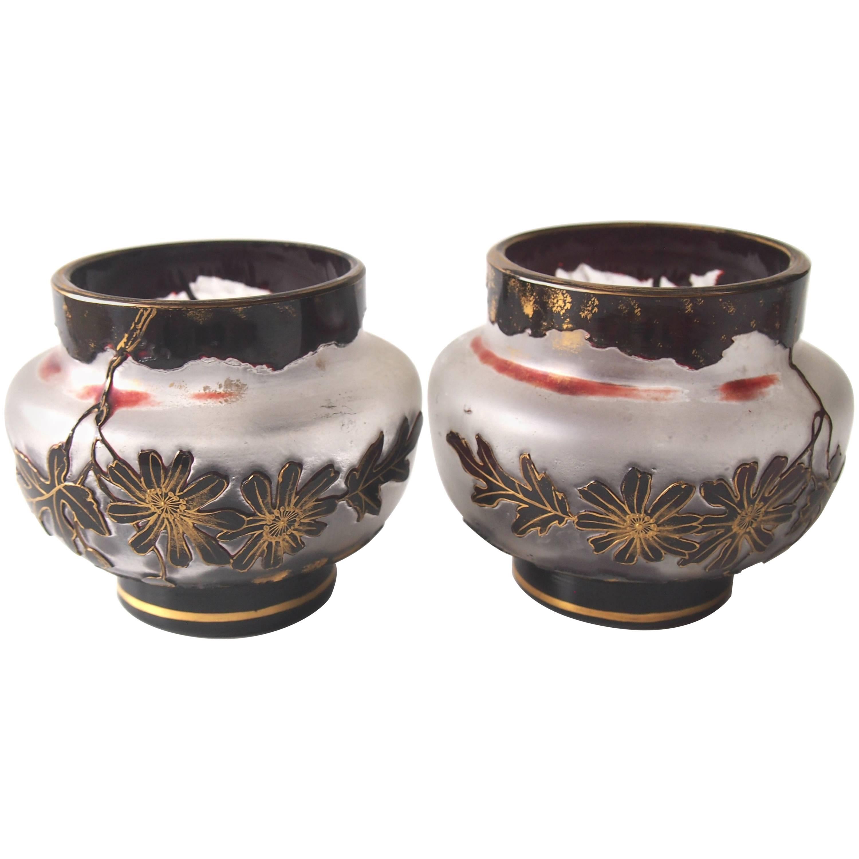 Pair of Bohemian Harrach Art Nouveau Cameo Glass Vases, circa 1899