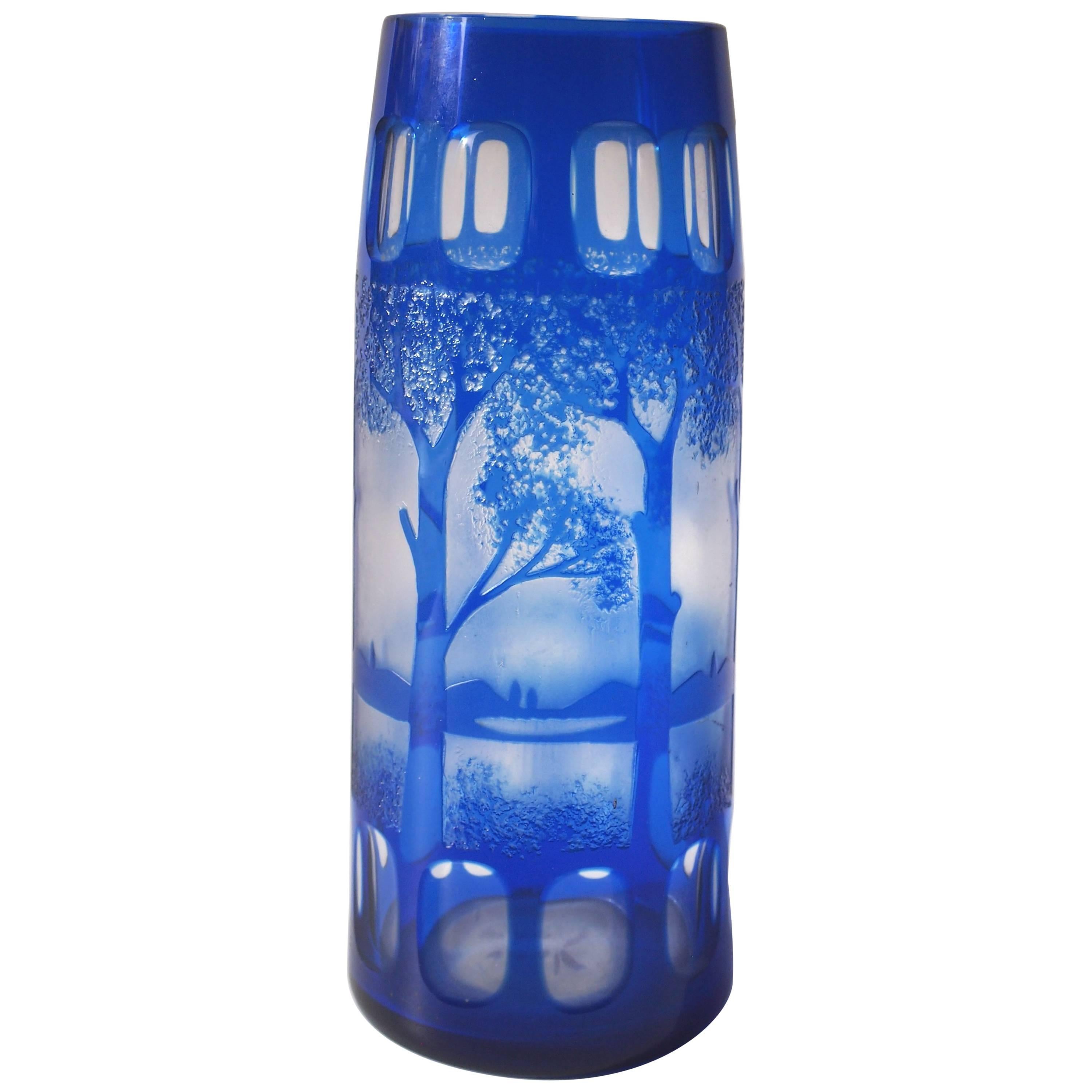 Czech Kralik Art Deco Landscape Cameo Glass Vase in Blue circa 1925 For Sale