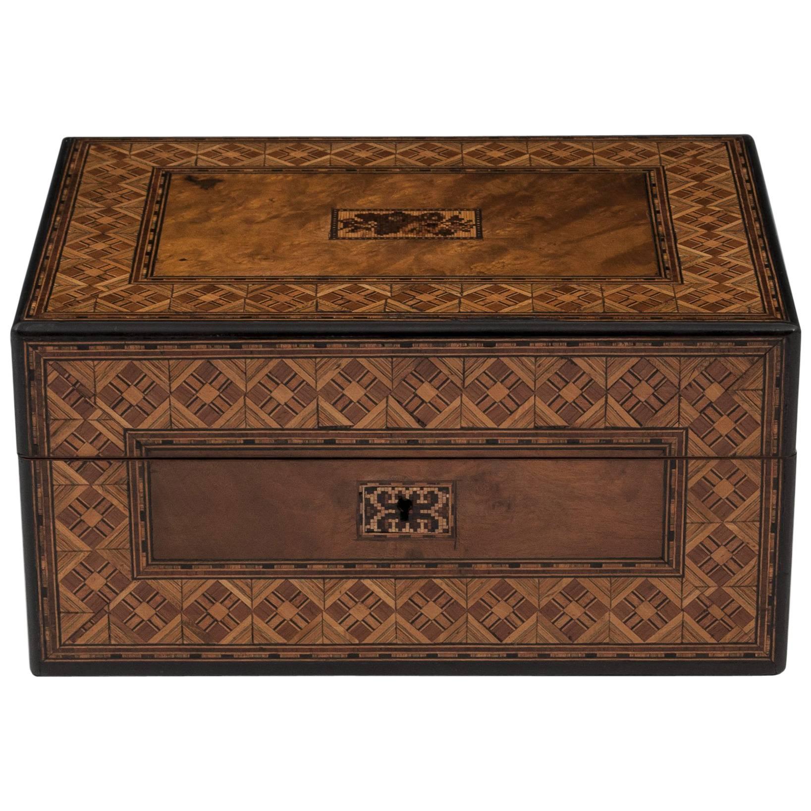 Walnut Antique Jewelry Box with Tunbridge Style Borders, 19th Century