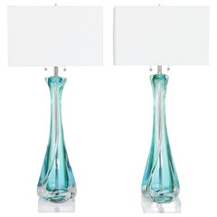 Mid-Century Archimede Seguso Table Lamps in Sommerso Murano Glass