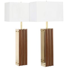 Restored Mid-Century Modern Pair of Lamps in Brass and Wood