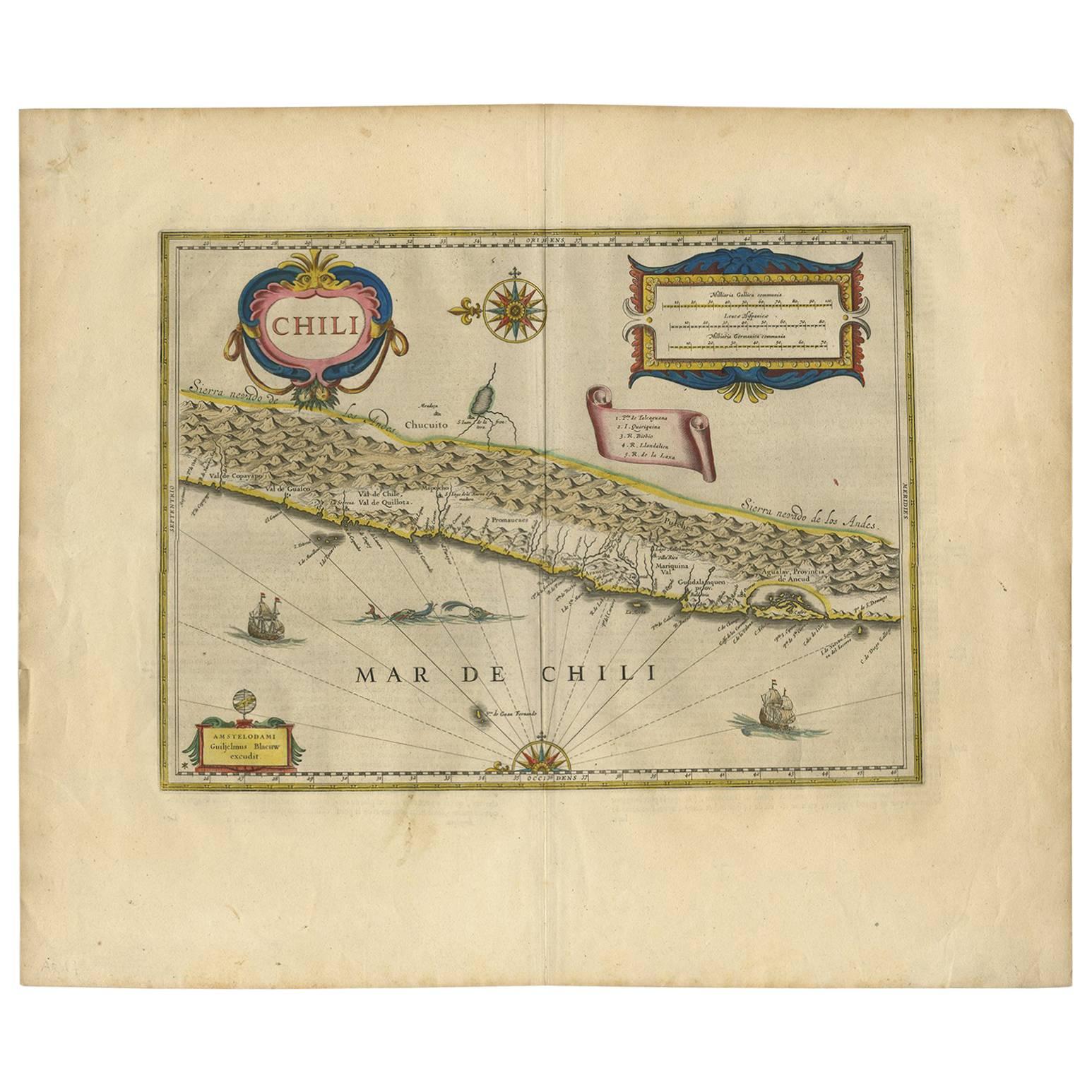 Orignal Hand-Colored Antique Map of Chili by W. Blaeu, 1658 For Sale