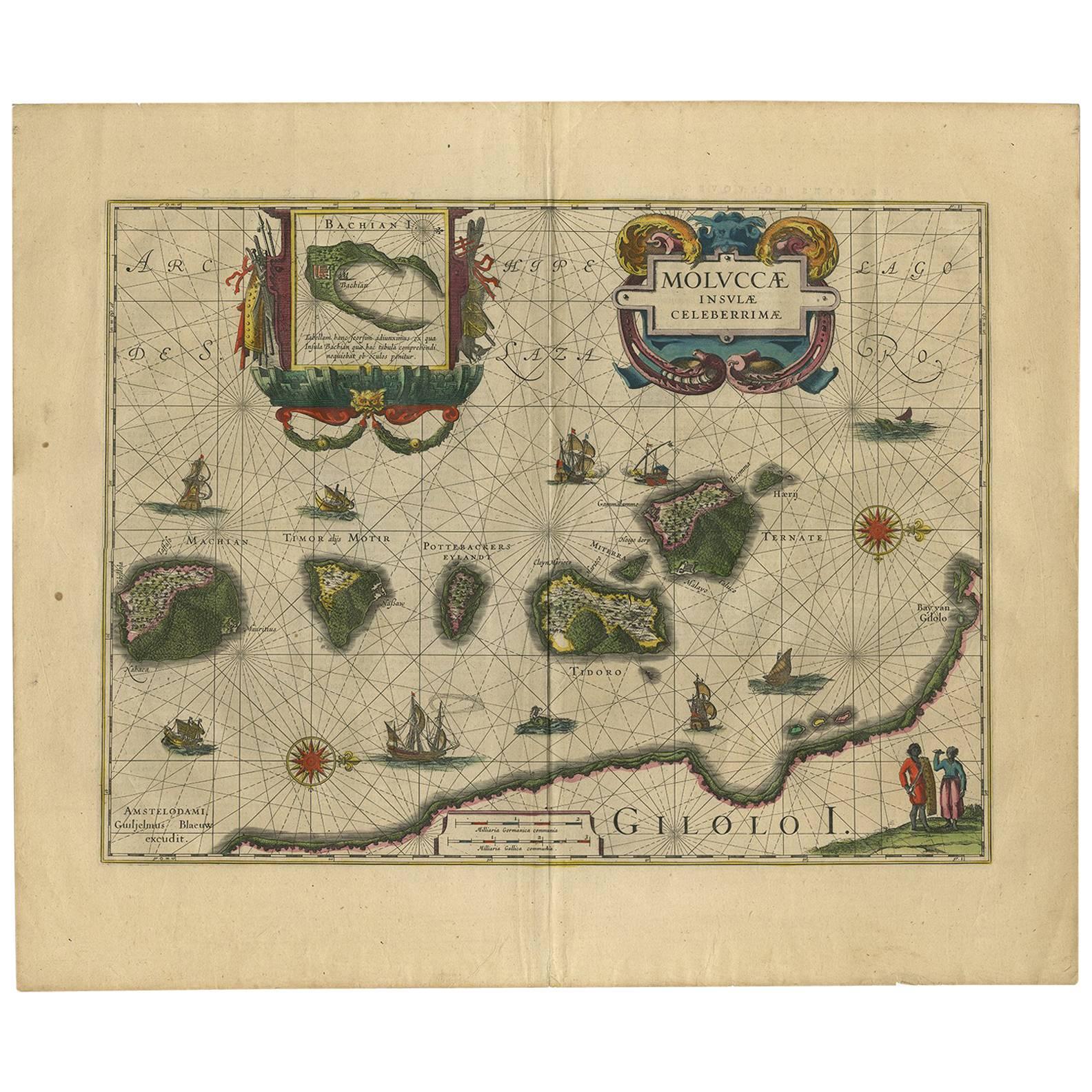 Antique Map of the Spice Islands 'Moluccas', Indonesia by W. Blaeu, circa 1640 For Sale