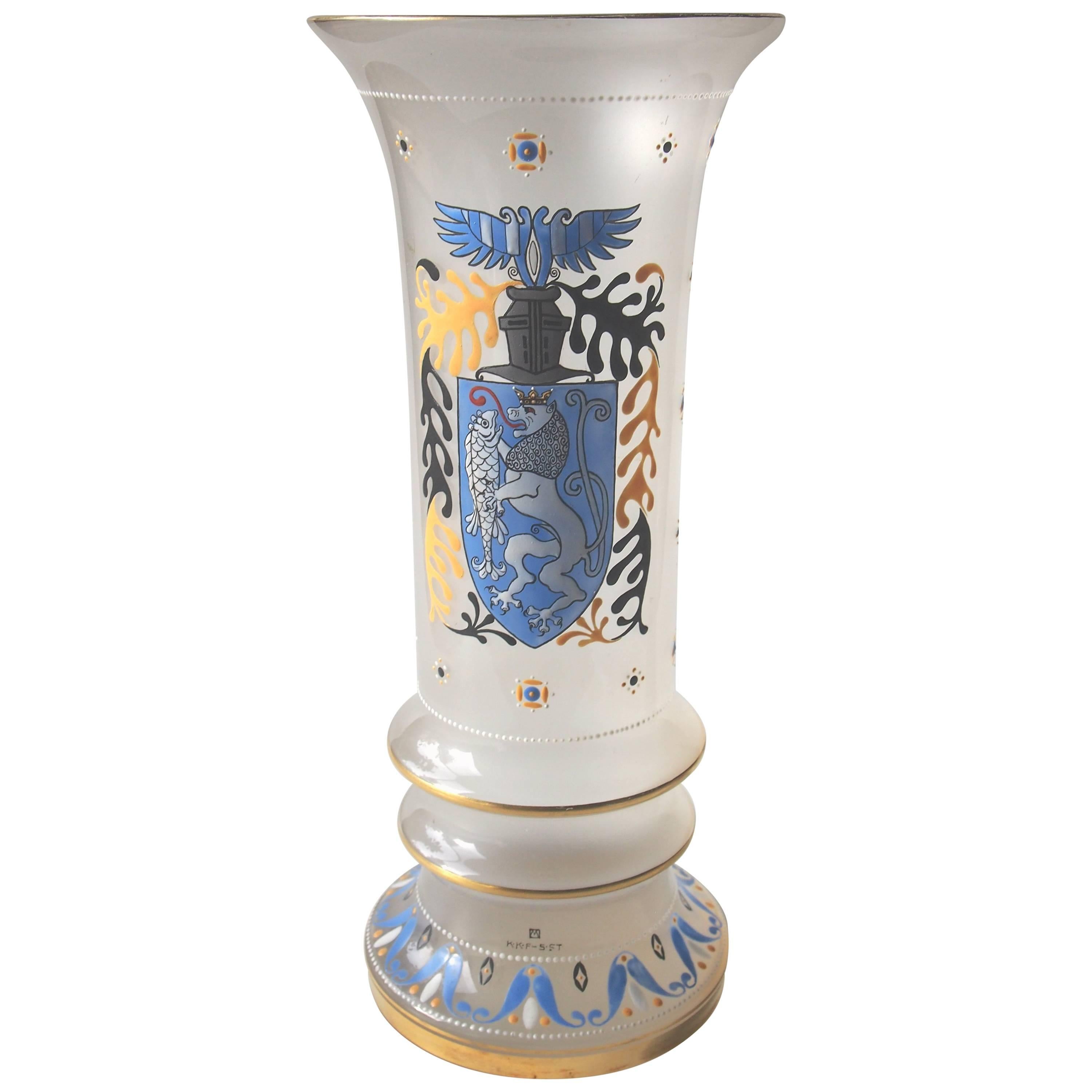 Bohemian Art Nouveau Armorial Glass Vase by Hugo Max of the Steinschönau School For Sale