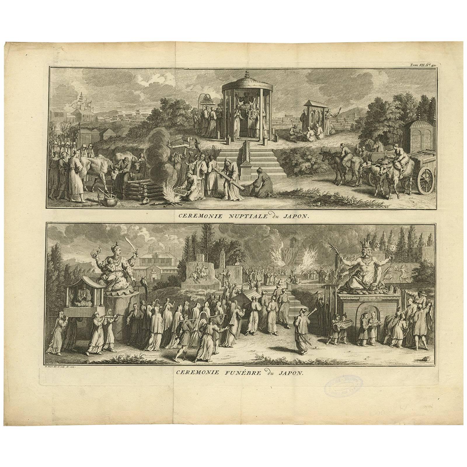 Antique Print of Japanese Wedding and Funeral Ceremonies by B. Picart circa 1730 For Sale