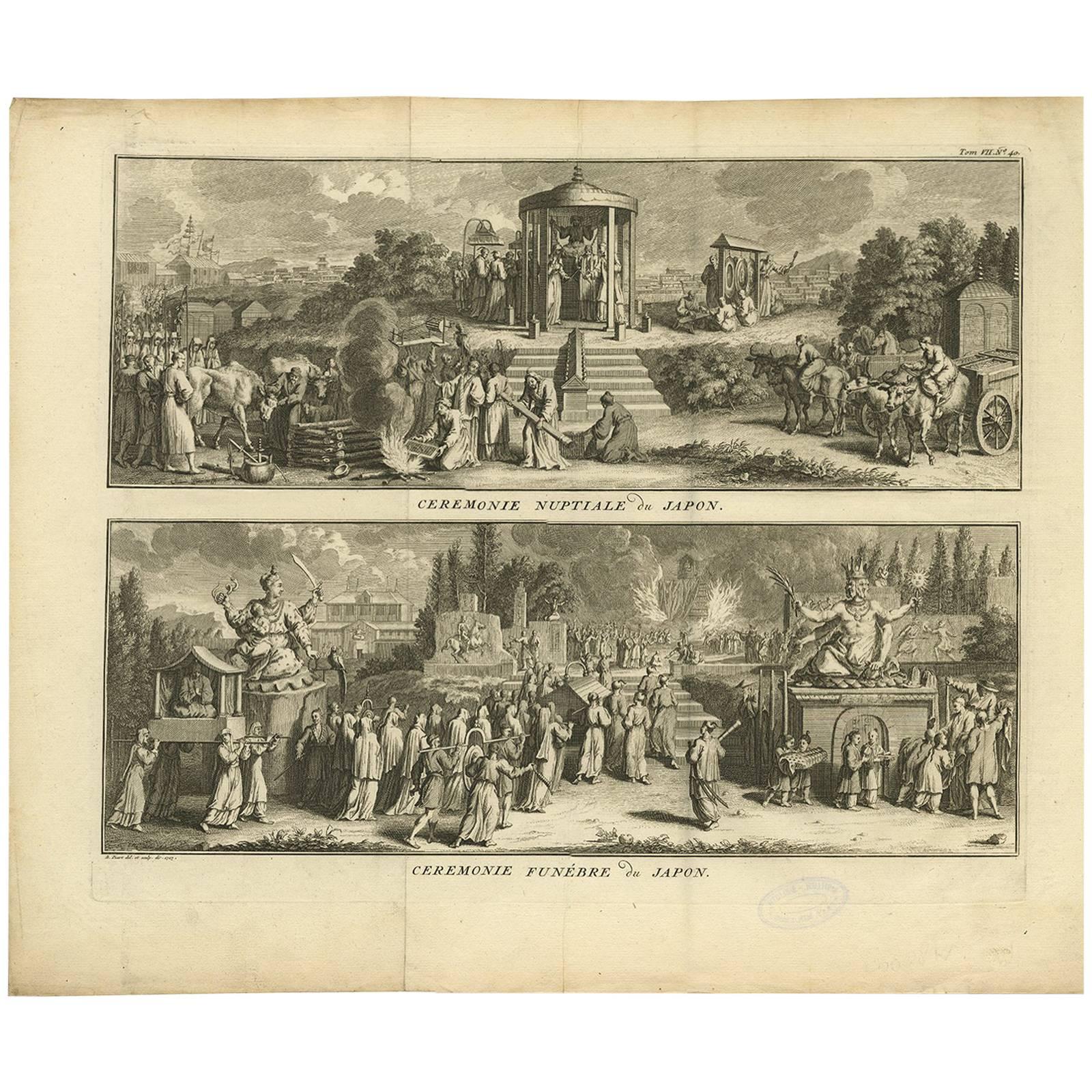 Grabado antiguo de Ceremonias nupciales y funerarias japonesas por B. Picart hacia 1730