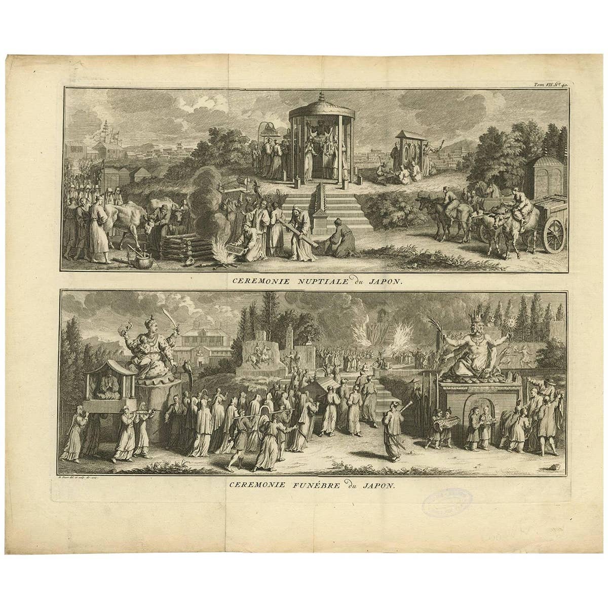 Antique Print of Japanese Wedding and Funeral Ceremonies by B. Picart, c.1730
