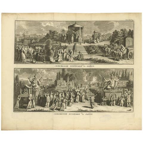 Antique Print of Japanese Wedding and Funeral Ceremonies by B. Picart, c.1730
