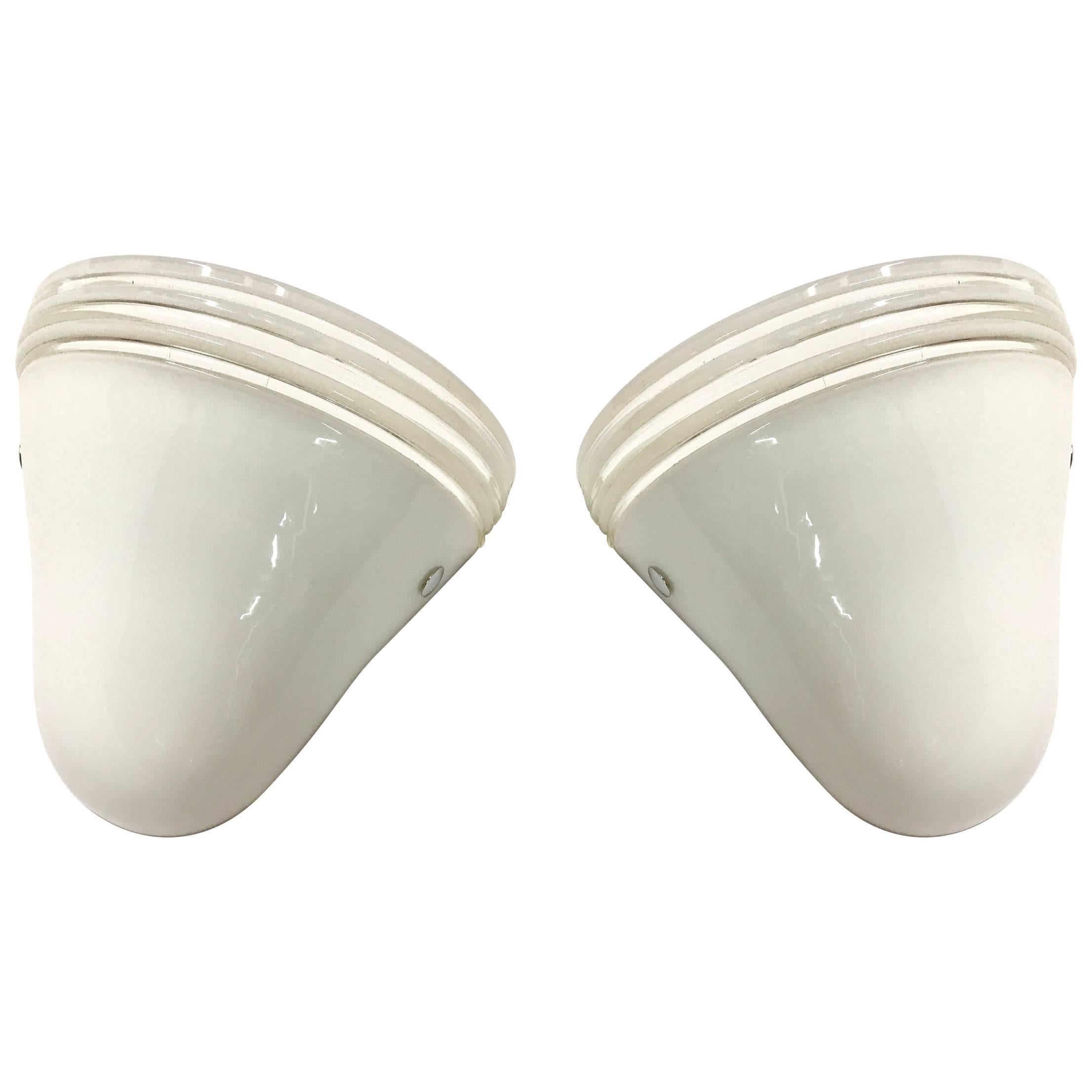 Pair of Italian Midcentury White Murano Glass Sconces by Leucos