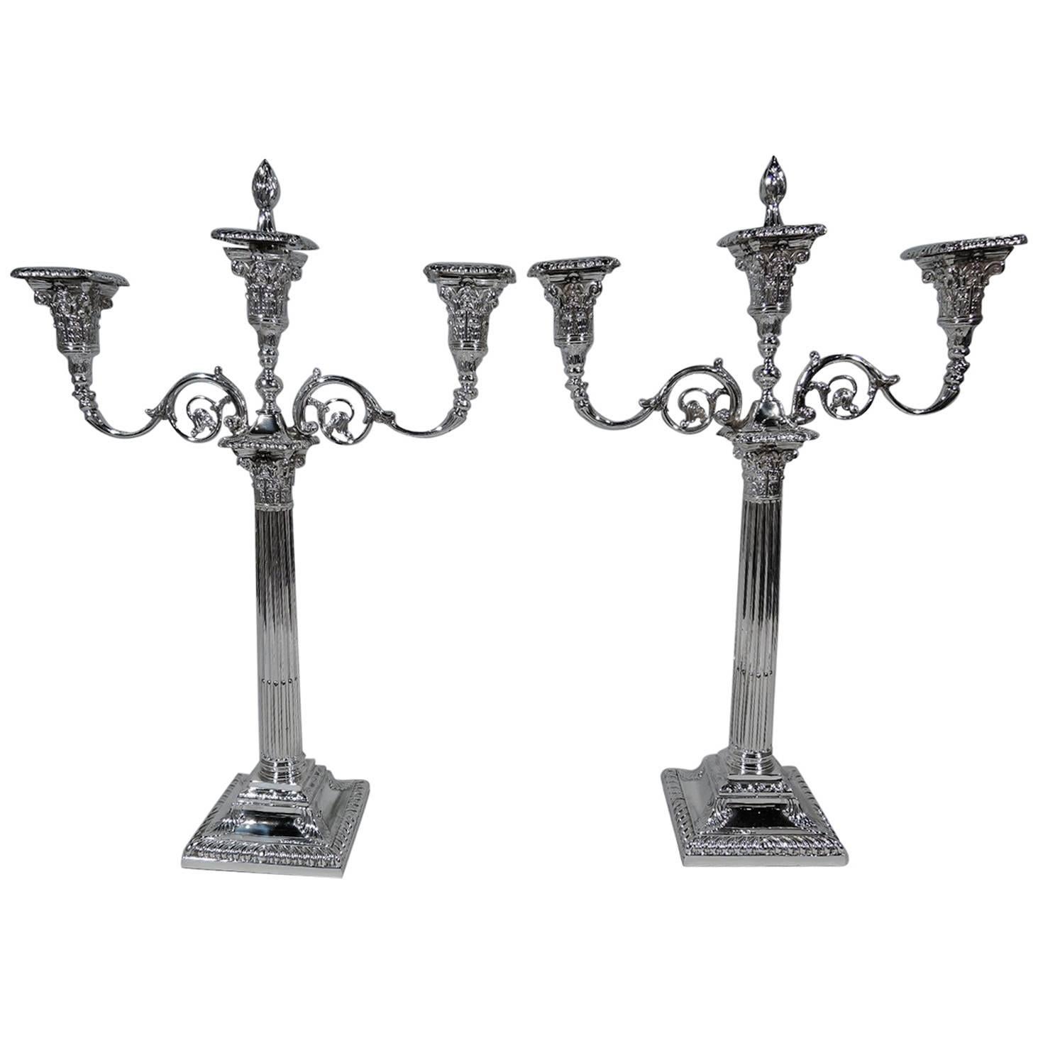 Pair of English Neoclassical Sterling Silver Three-Light Candelabra