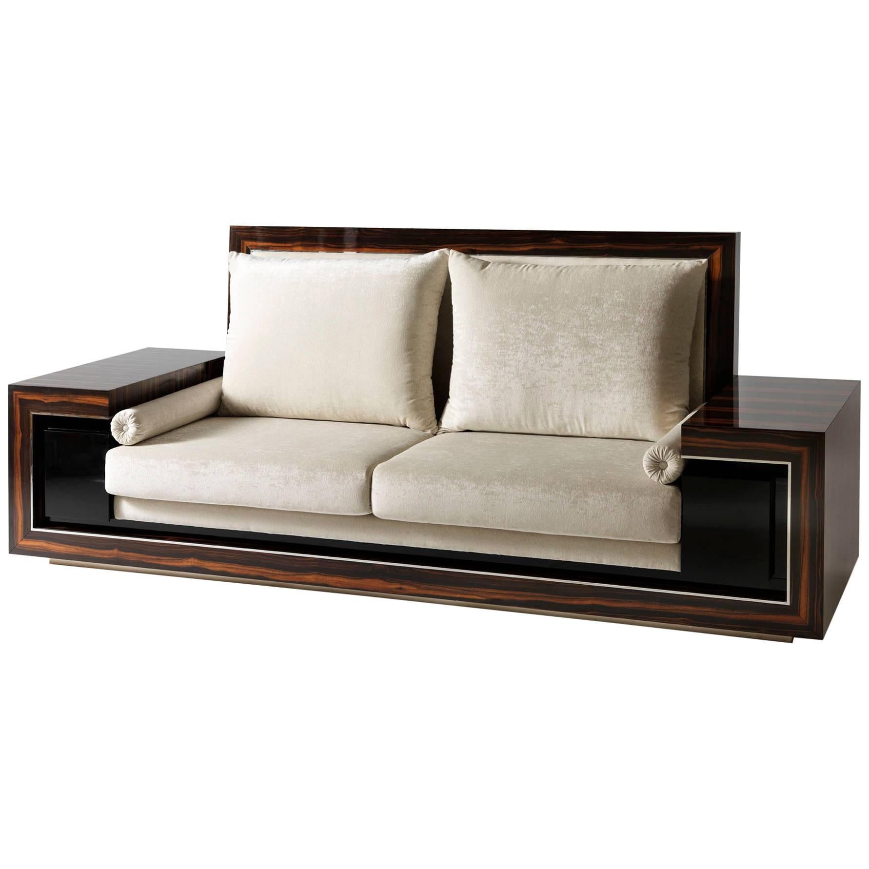 Macassar Ebony Wood Sofa in Art Deco Style, Handmade in Italy by Master Artisans For Sale