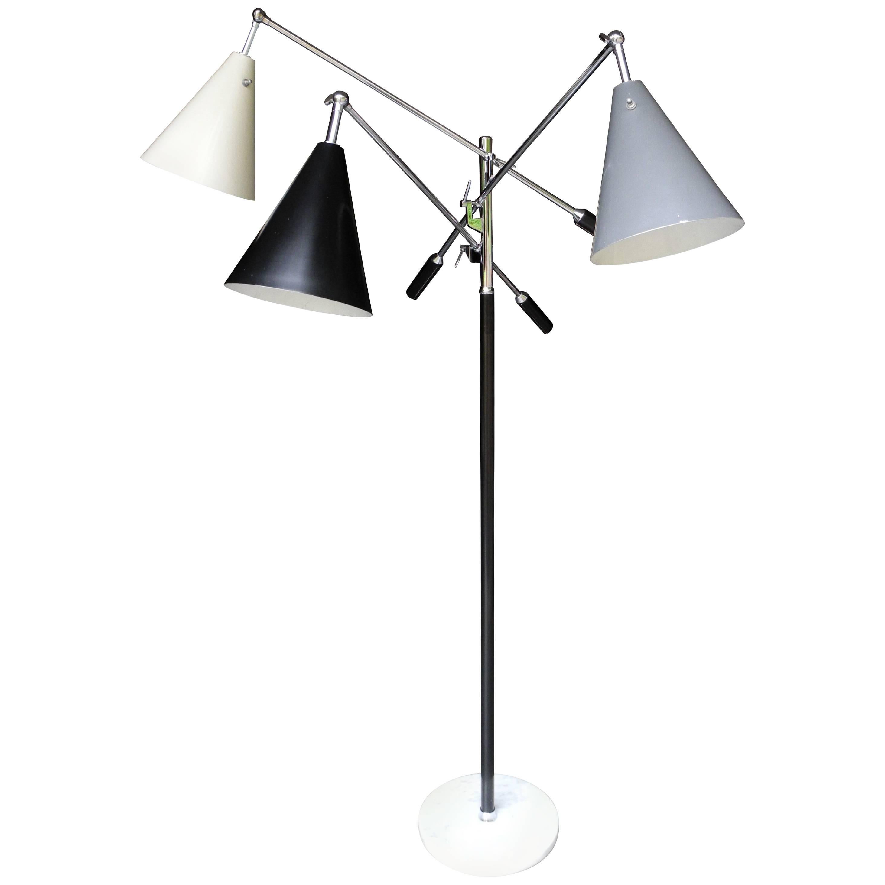 Italian Triennale Three-Arm Chrome Leather and Marble Floor Lamp For Sale