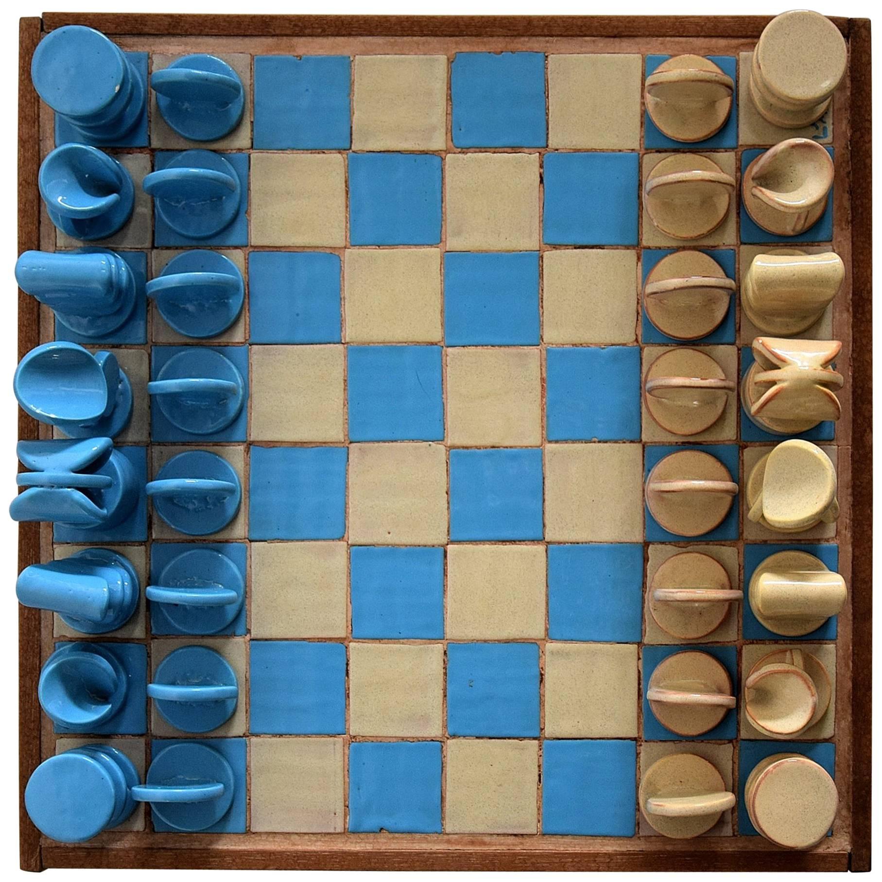 French Mid-Century Modern Rare Ceramic Chess Set