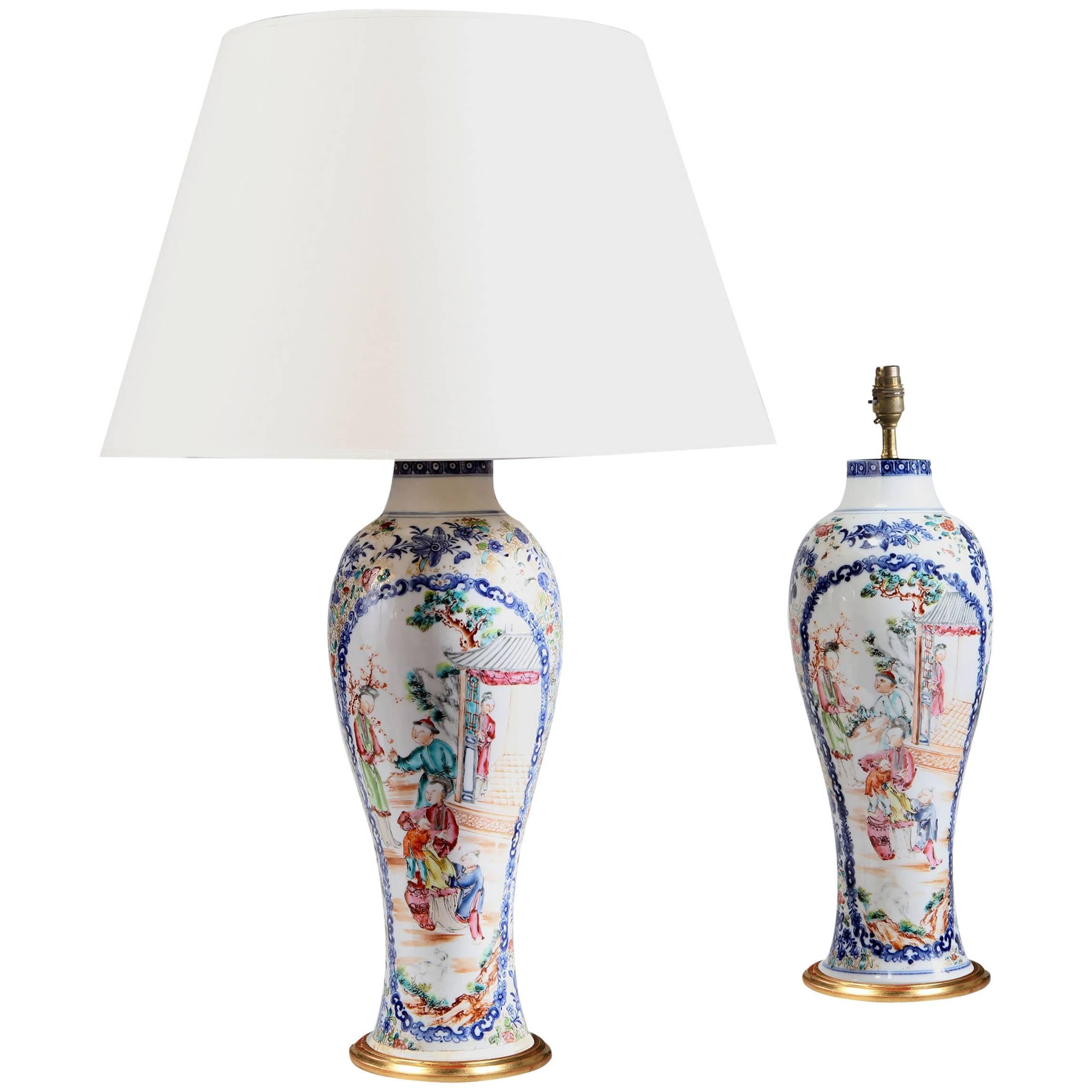A Pair of 18th Century Chinese Porcelain Vases as Table Lamps with Gilt Bases For Sale