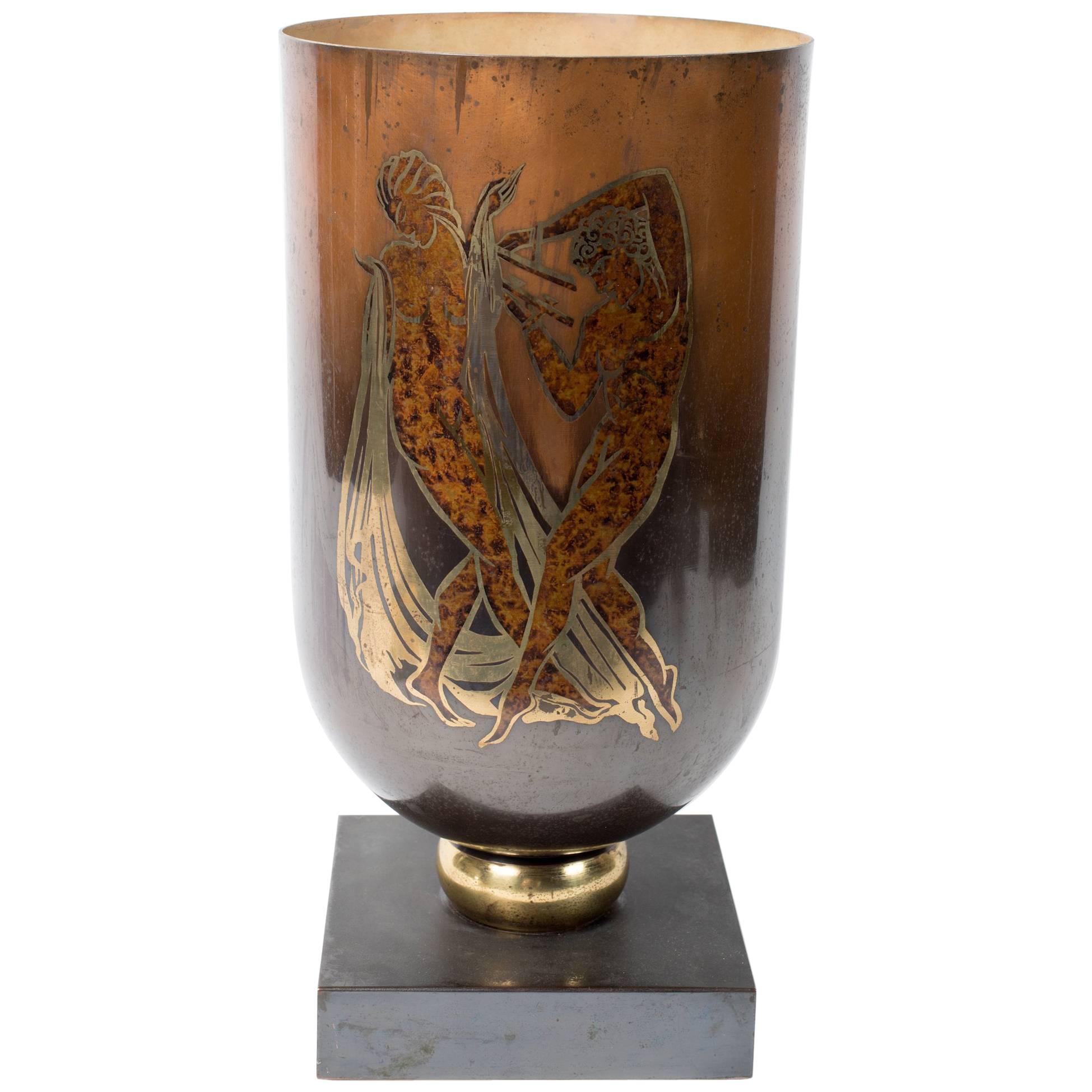 Art Deco Period “Dinanderie” Torchère Lamp by Lucien Gerfaux