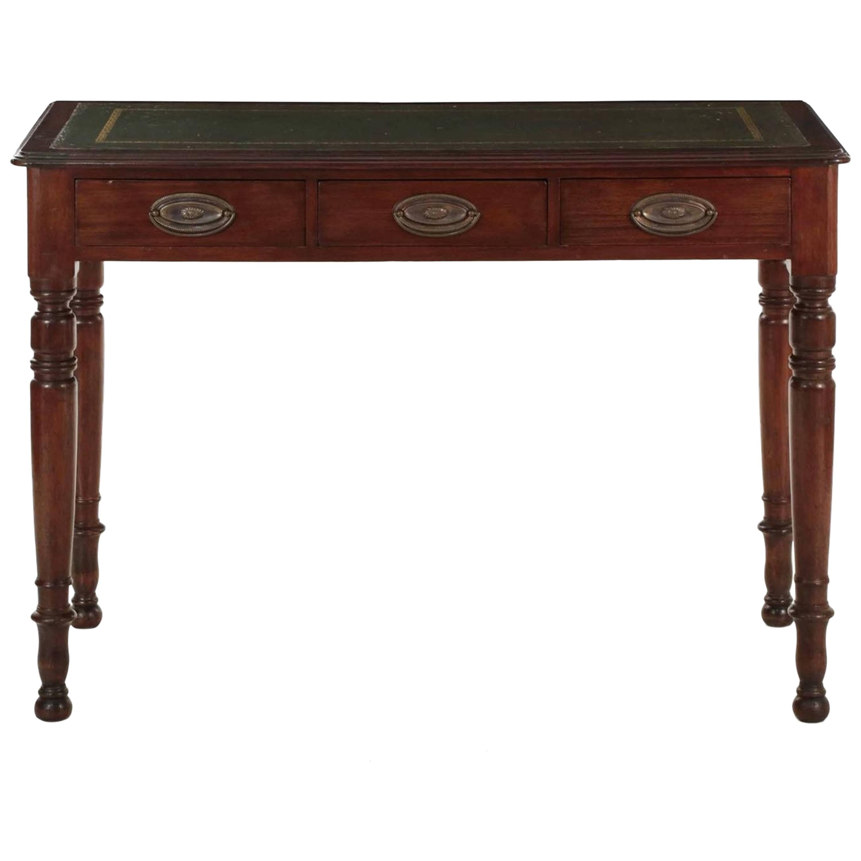 Regency Style Mahogany and Green Leather Antique Writing Desk, 19th Century
