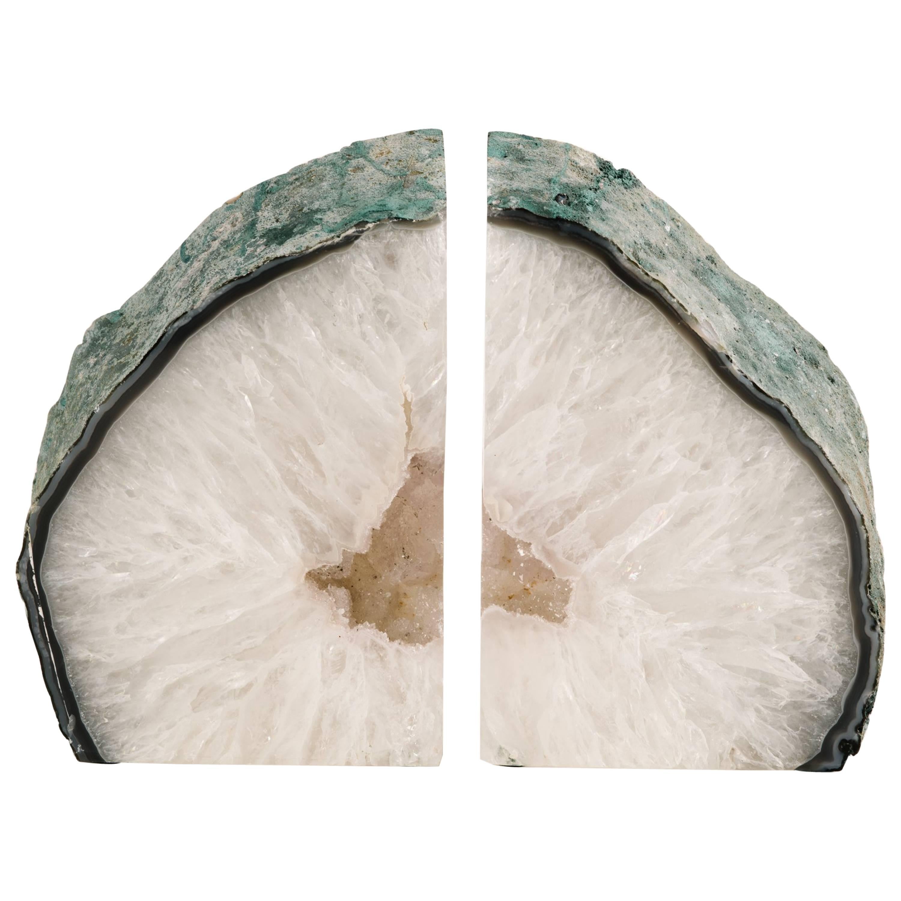 Pair of Chunky Quartz Crystal Bookends with Oxidized Green Edges